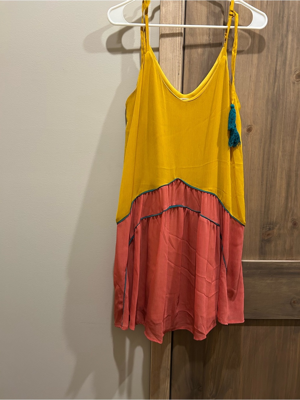Mossimo Supply Co. Yellow and Coral Tiered Tassel Sundress